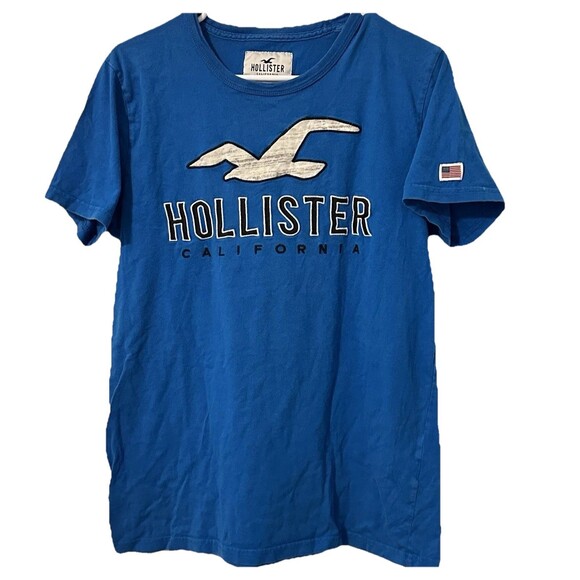VTG Y2K Hollister Rare American Flag Patch Sleeve Men T-shirt M Blue Logo Bird - Picture 3 of 9